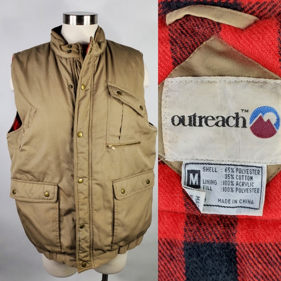 Vintage Other - Vintage Outreach Flannel Lined Tan Buffalo Plaid Mens Medium 80s 90s Vest